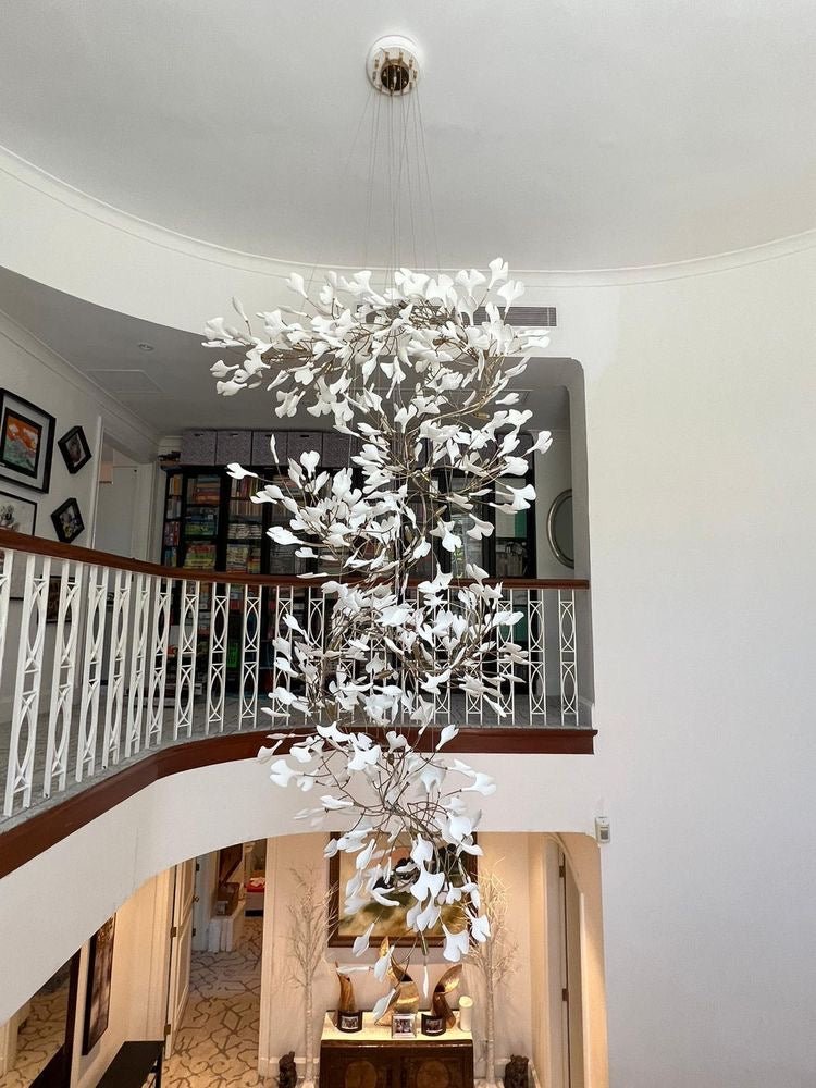 Artistic Tree Branch Pendant Light with Ceramic Ginkgo Leaves for High Ceilings in Hotel or Home - D59.1"*H157.5"/ 128 Lights (576 Pieces)/107kgWarm Lightcasivra