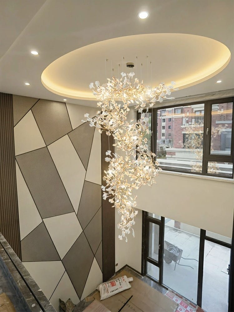 Artistic Tree Branch Pendant Light with Ceramic Ginkgo Leaves for High Ceilings in Hotel or Home - D59.1"*H157.5"/ 128 Lights (576 Pieces)/107kgWarm Lightcasivra