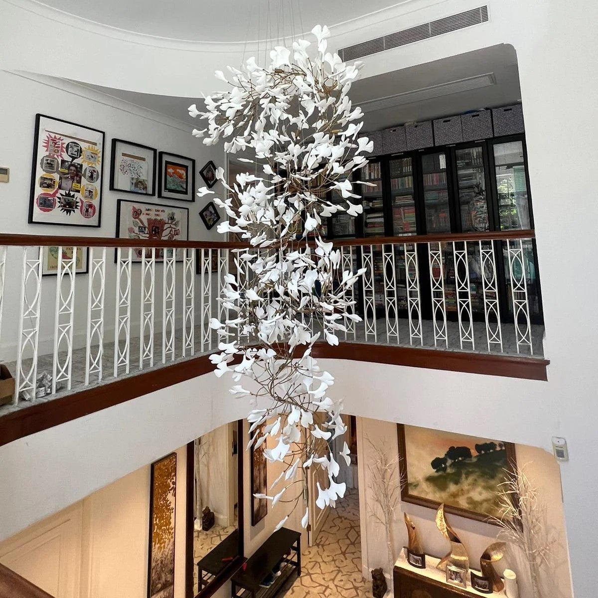 Artistic Tree Branch Pendant Light with Ceramic Ginkgo Leaves for High Ceilings in Hotel or Home - D39.4"*H70.9"/ 16 Lights (288 Pieces)Warm Lightcasivra