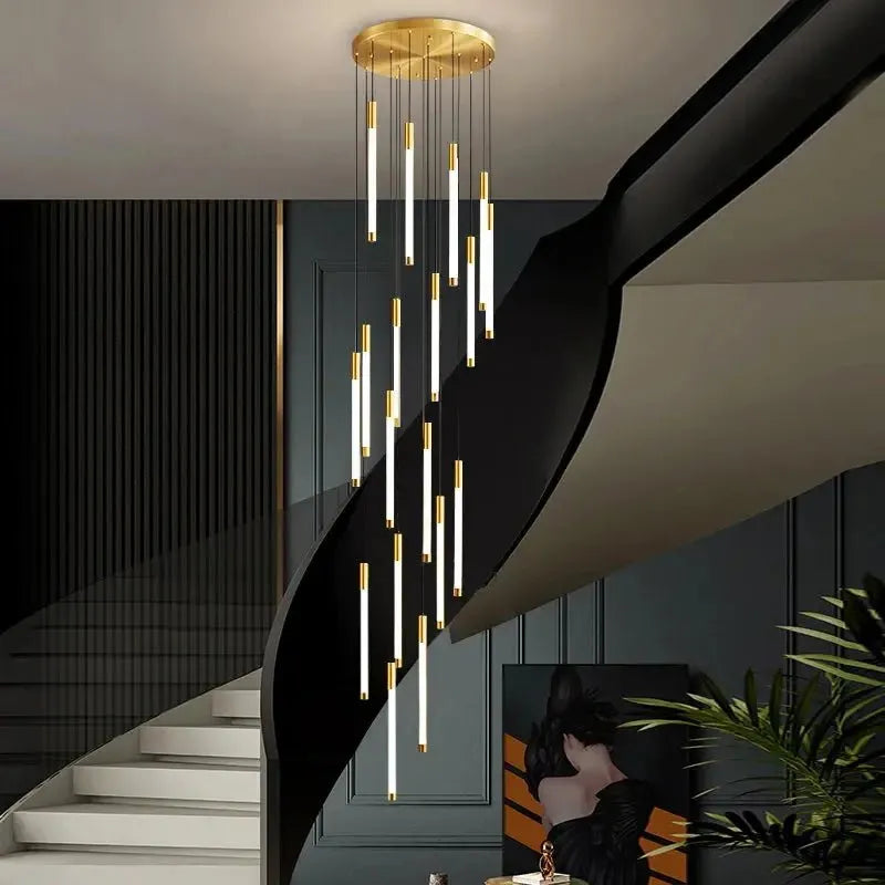 Atia Modern Long Chandelier For Staircase Black/Gold/Silver-Chandeliers-casivra-Gold-5 Lights-Warm Light 3000K-casivra