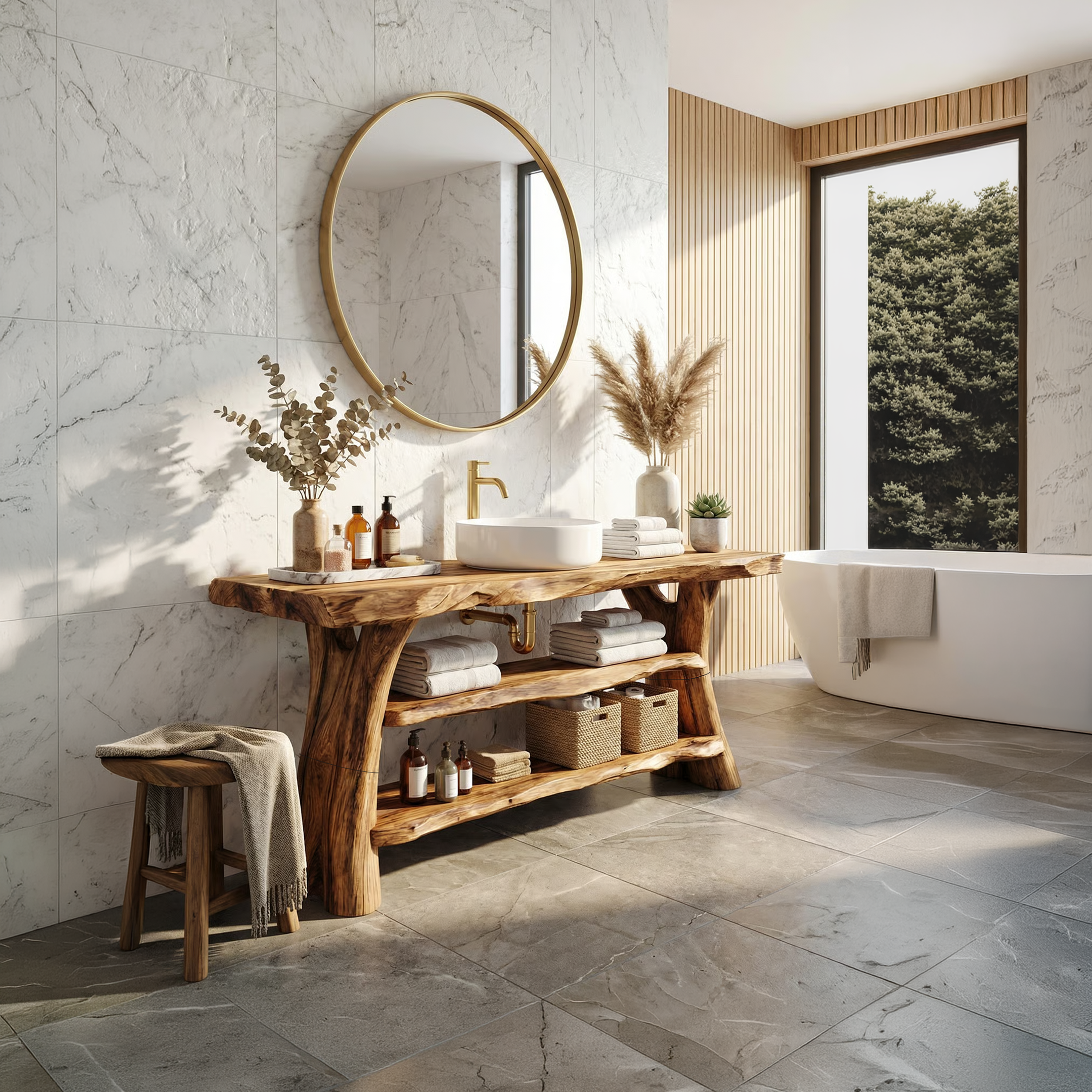 Mid Century Solid Wood Bathroom Vanity Sculptural Live Edge For Bath