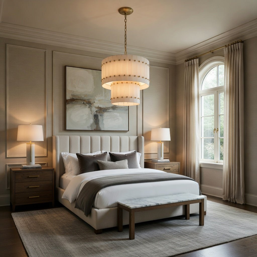 Valmont 23-inch two-tier marble chandelier glowing from within