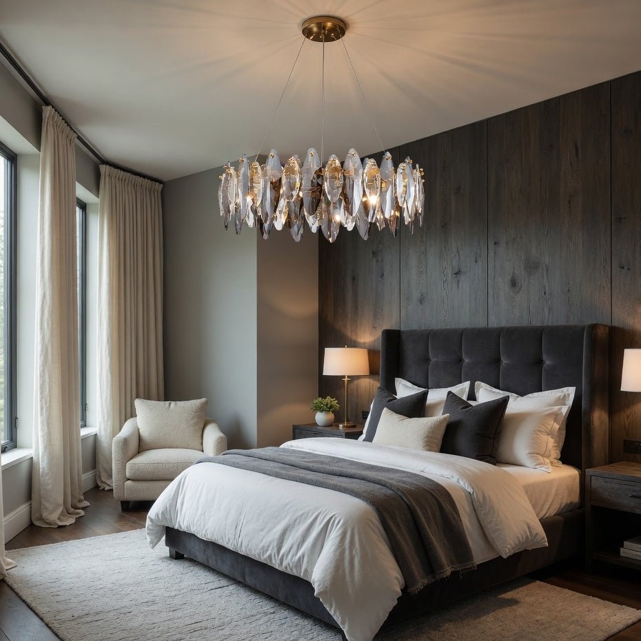 Lazzo crystal chandelier illuminated over a living room seating area