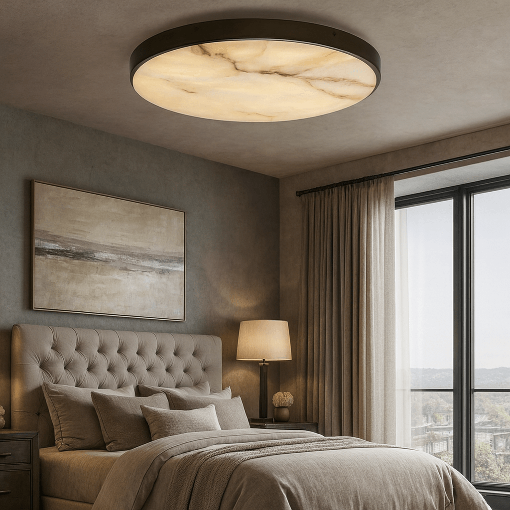 Laurel marble flush mount glowing on a ceiling