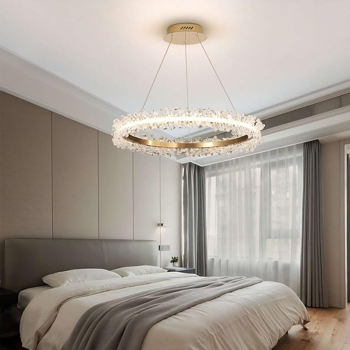 Capri crystal ceiling light illuminated in a modern living room