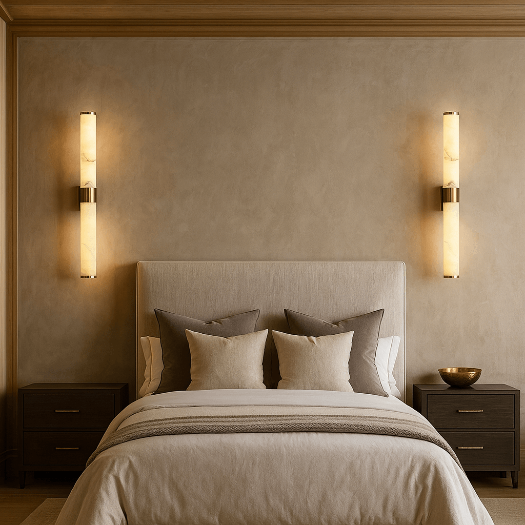 Altura 27-inch marble sconce illuminated with a warm glow