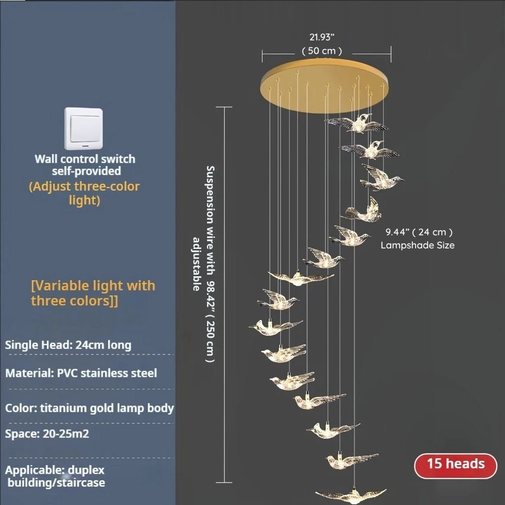 Bird Spiral Long Led Chandelier for Staircase and Foyer - Gold6 LightsCool white 6000Kcasivra