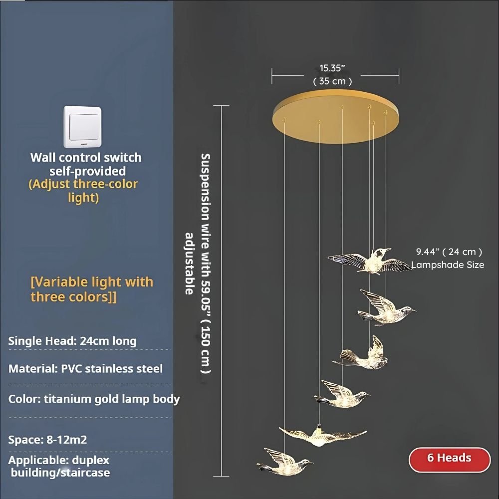 Bird Spiral Long Led Chandelier for Staircase and Foyer - Gold6 LightsCool white 6000Kcasivra