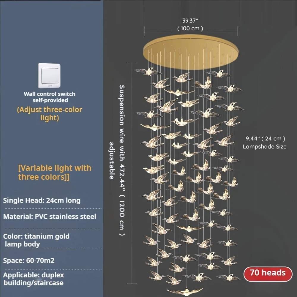 Bird Spiral Long Led Chandelier for Staircase and Foyer - Gold6 LightsCool white 6000Kcasivra