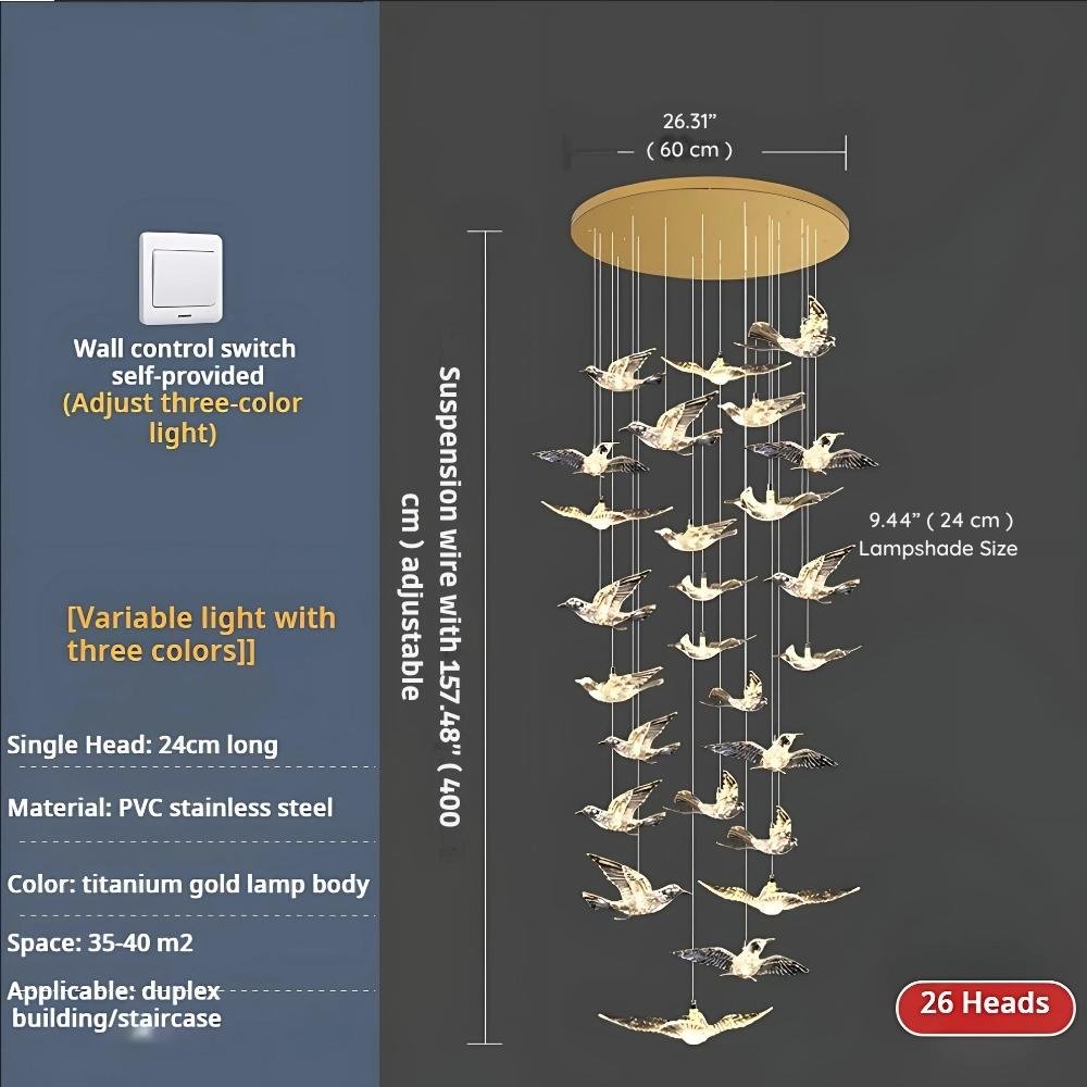 Bird Spiral Long Led Chandelier for Staircase and Foyer - Gold6 LightsCool white 6000Kcasivra