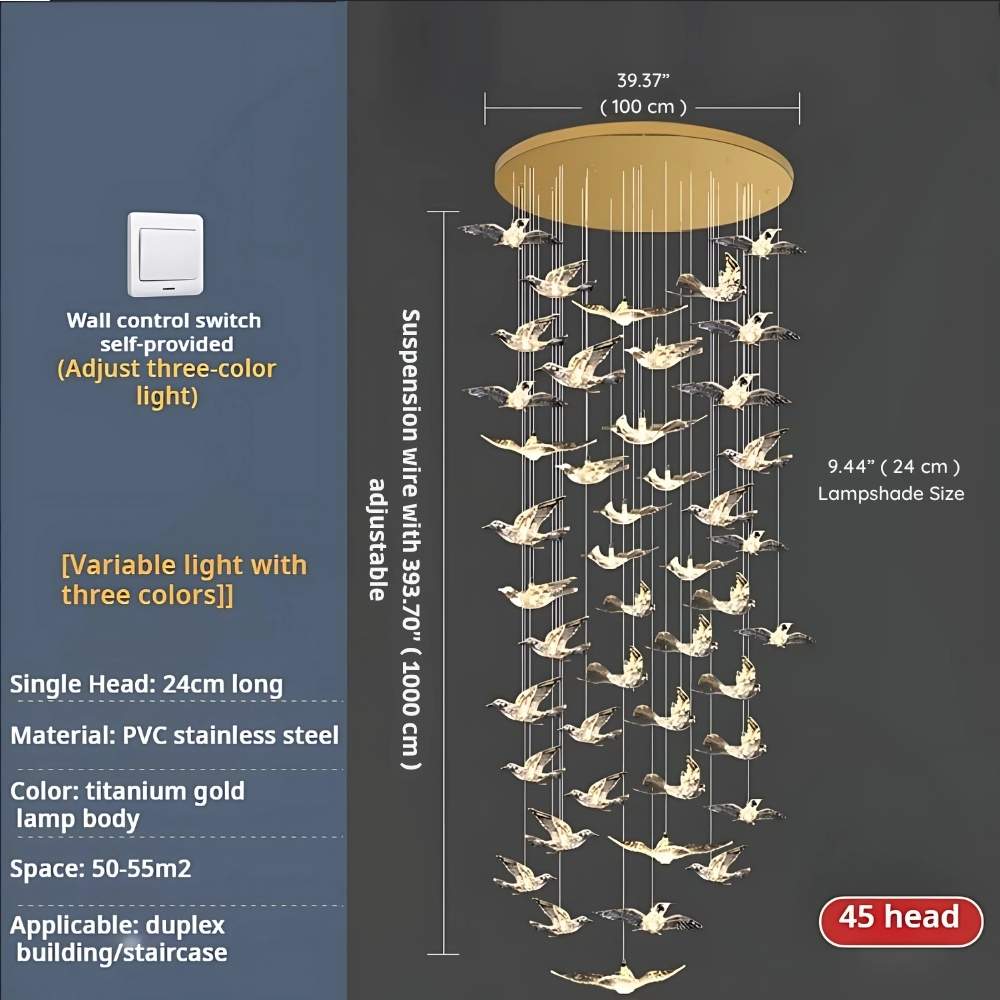 Bird Spiral Long Led Chandelier for Staircase and Foyer - Gold6 LightsCool white 6000Kcasivra
