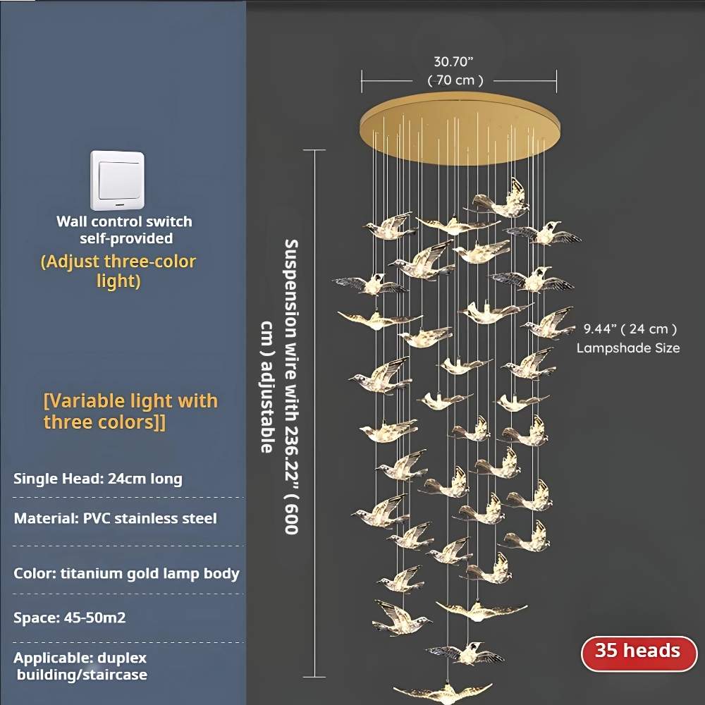 Bird Spiral Long Led Chandelier for Staircase and Foyer - Gold6 LightsCool white 6000Kcasivra