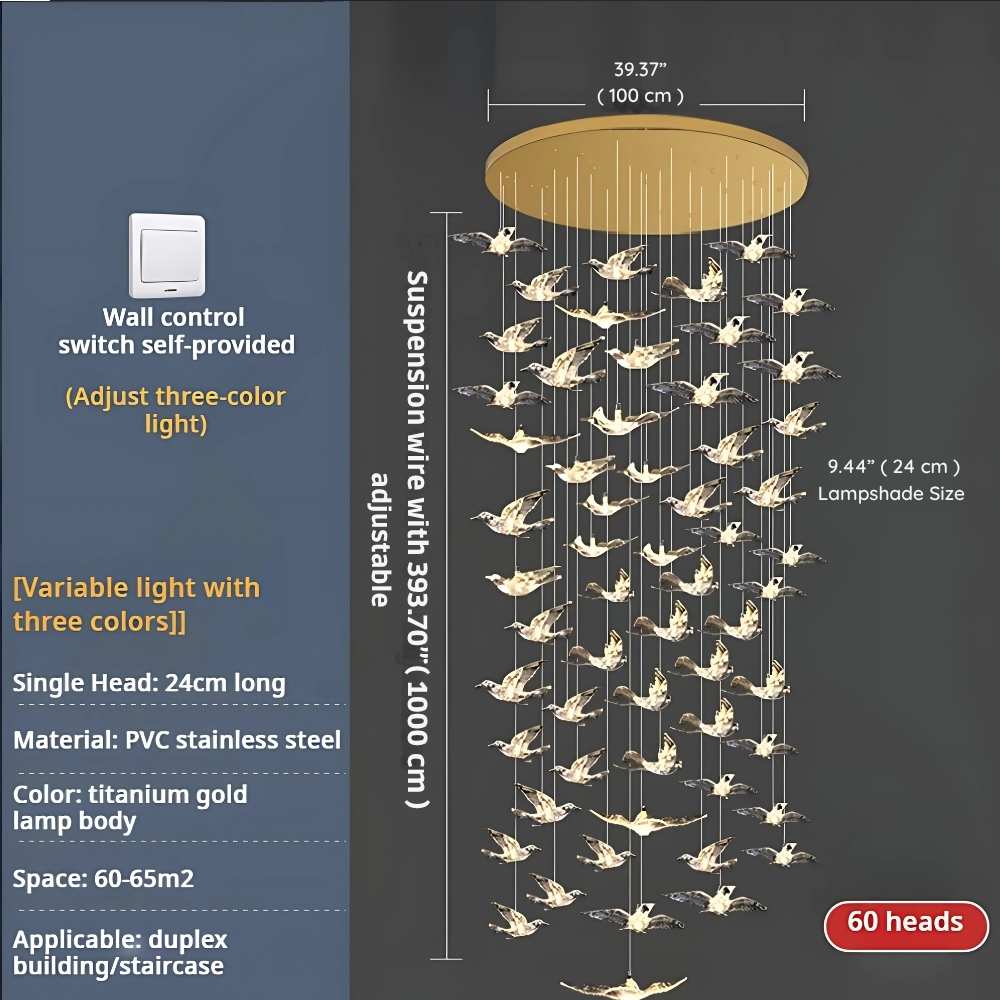 Bird Spiral Long Led Chandelier for Staircase and Foyer - Gold6 LightsCool white 6000Kcasivra
