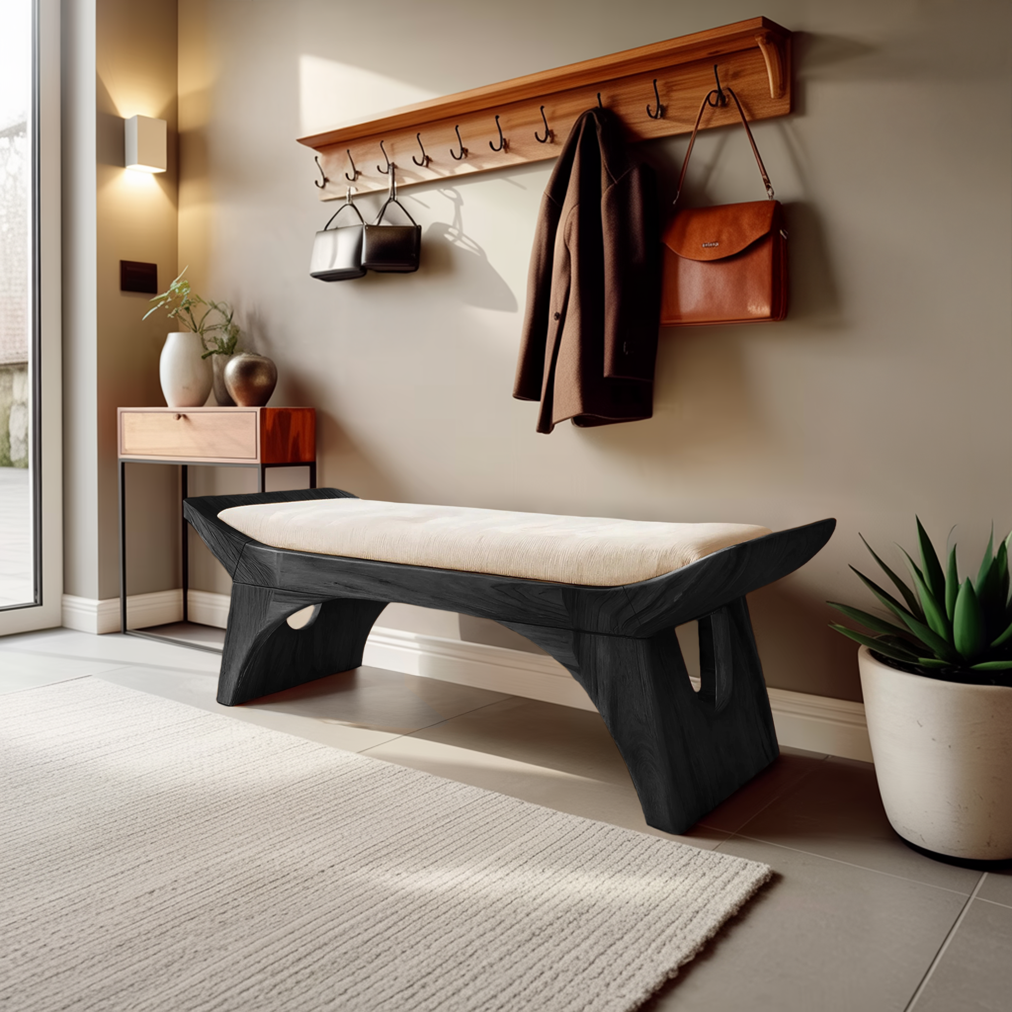 Farmhouse Wooden Bench With Shelf For Bedroom Setup