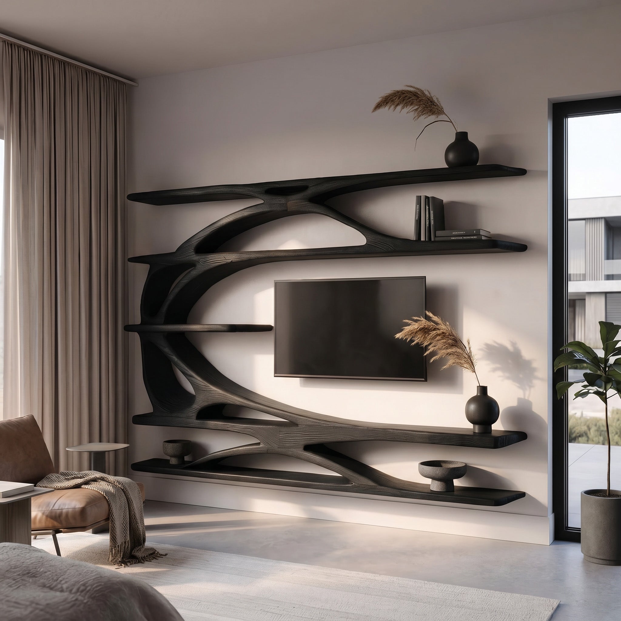 Modern Wall Mounted TV Stand With Bookshelf For Living Room