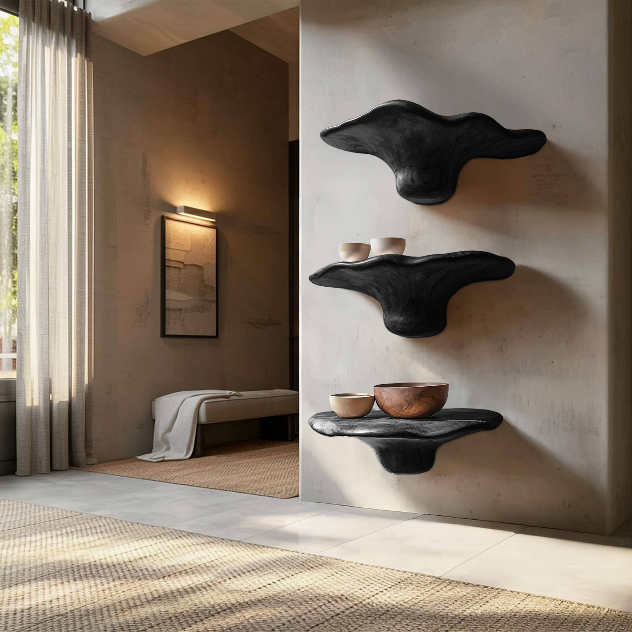 Handcrafted Solid Wood Mushroom Shelf For Bedroom Wall Decor