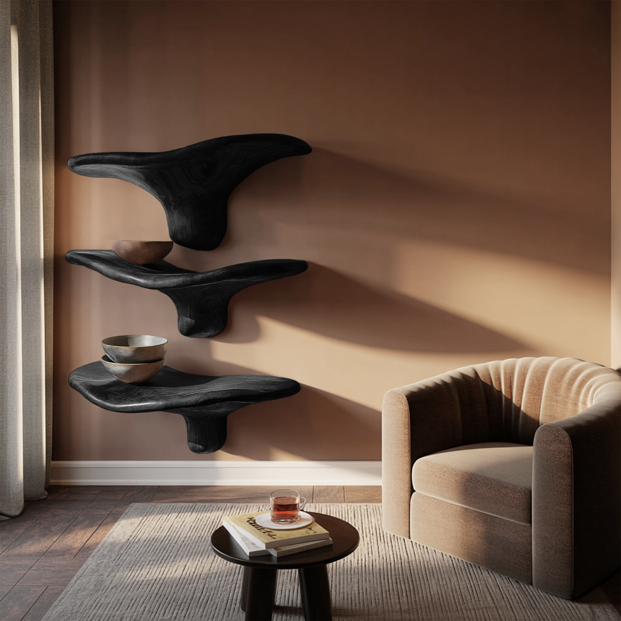 Modern Wooden Live Edge Mushroom Shelf For Minimalist Interior Decor