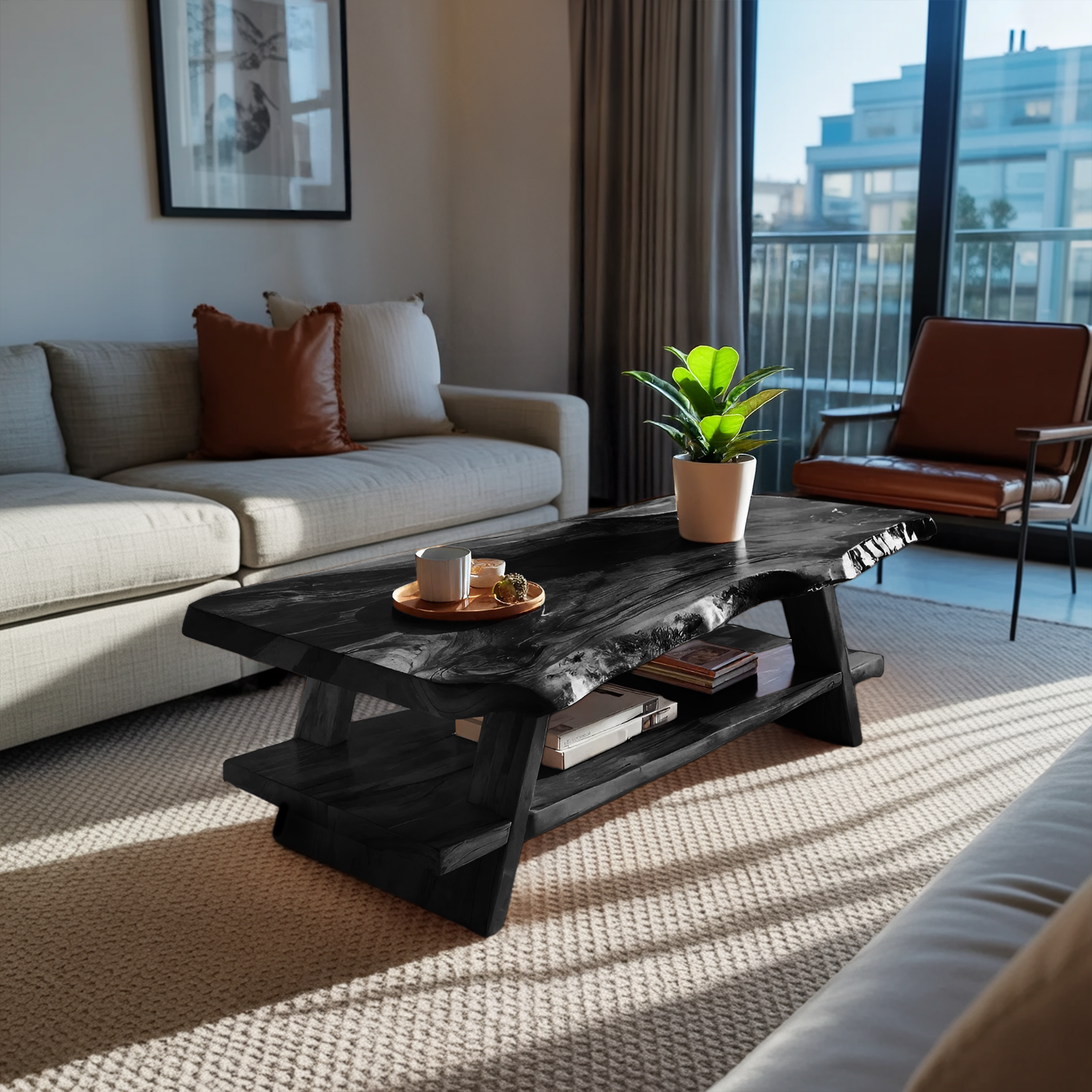 Handcrafted Coffee Table Live Edge And Lower Shelf For Living