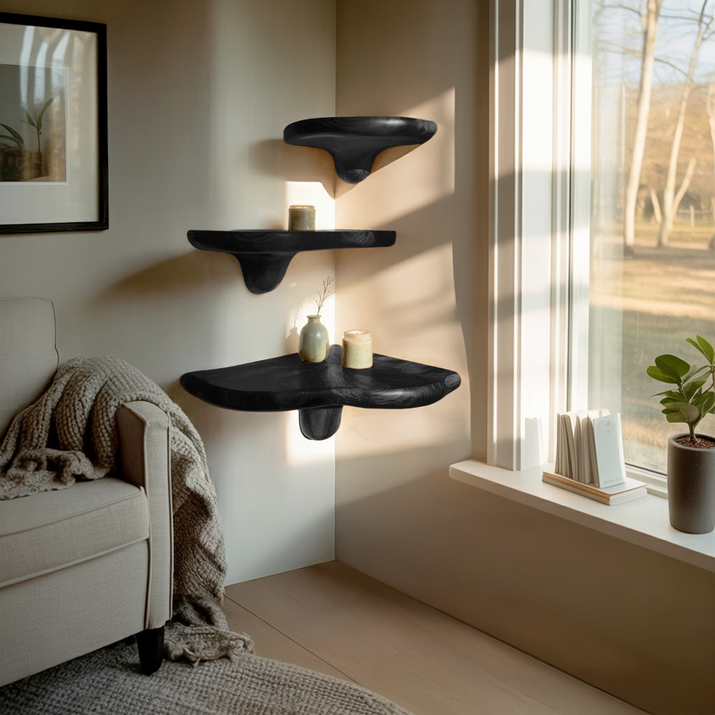Mid Century Solid Wood Mushroom Shelf For Bedroom And Furniture Decor