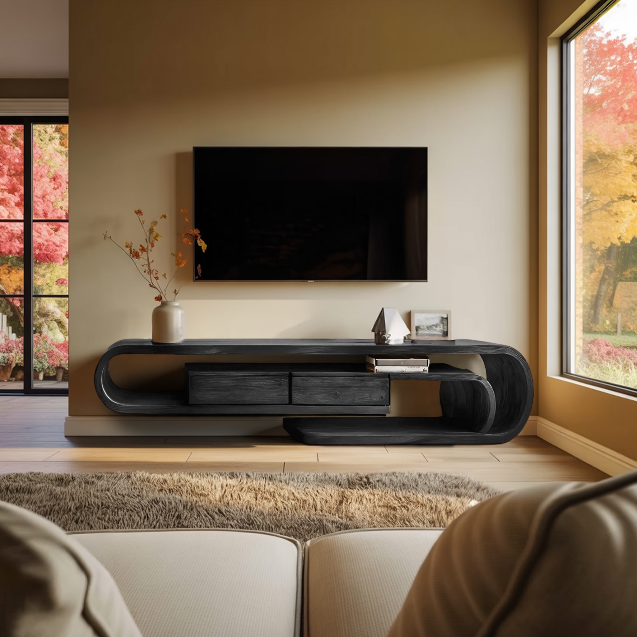 Contemporary Curved TV Shelf For Minimalist Living Room Furniture