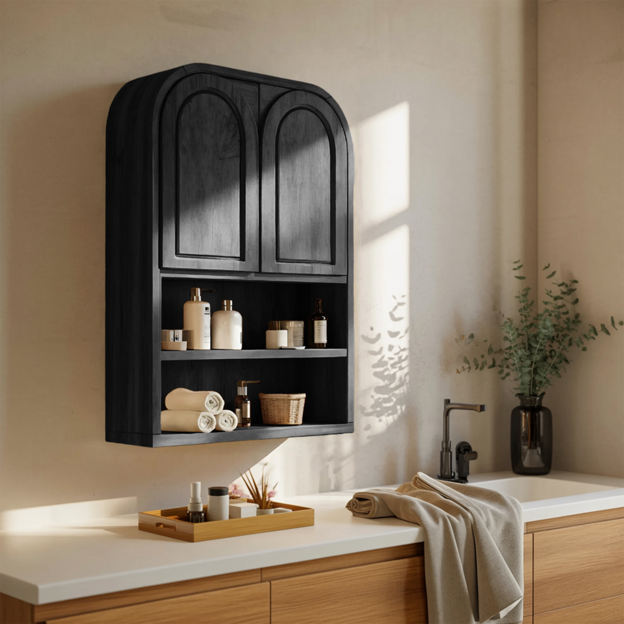Double Arched Wall Cabinet With Open Shelves For Bathroom