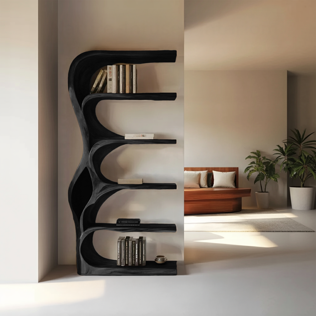 Organic Bookshelf With Curved Open Shelving For Bedroom Decor