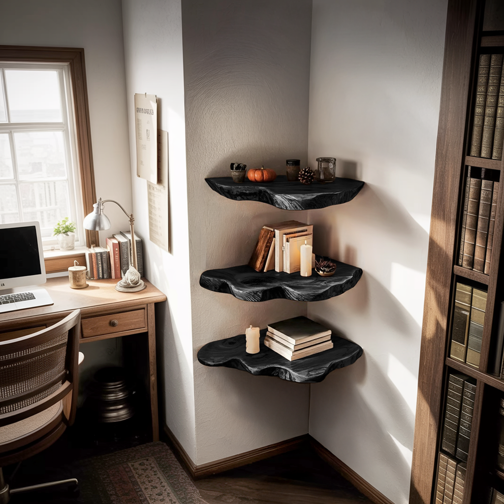 Handcrafted Wooden Live Edge Corner Shelf For Furniture Decor
