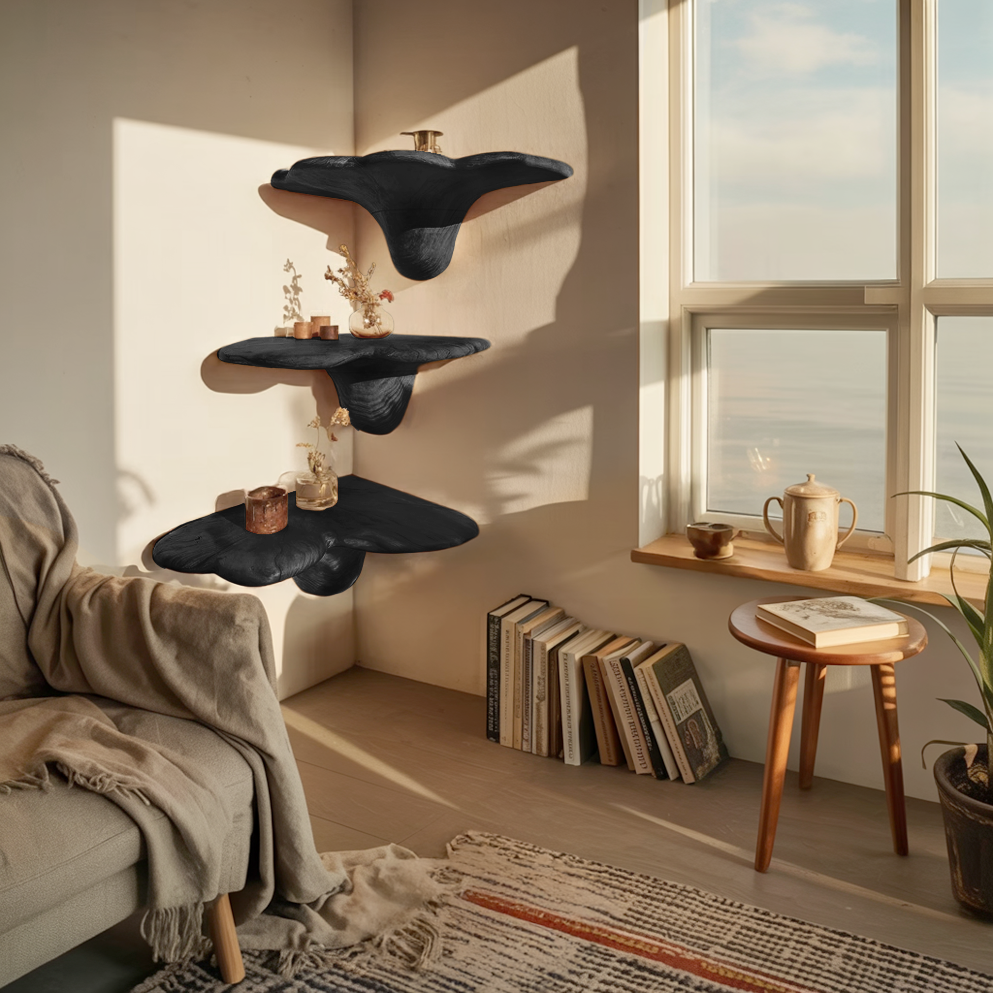 Handcrafted Solid Wood Mushroom Shelf For Bedroom Interior Decor