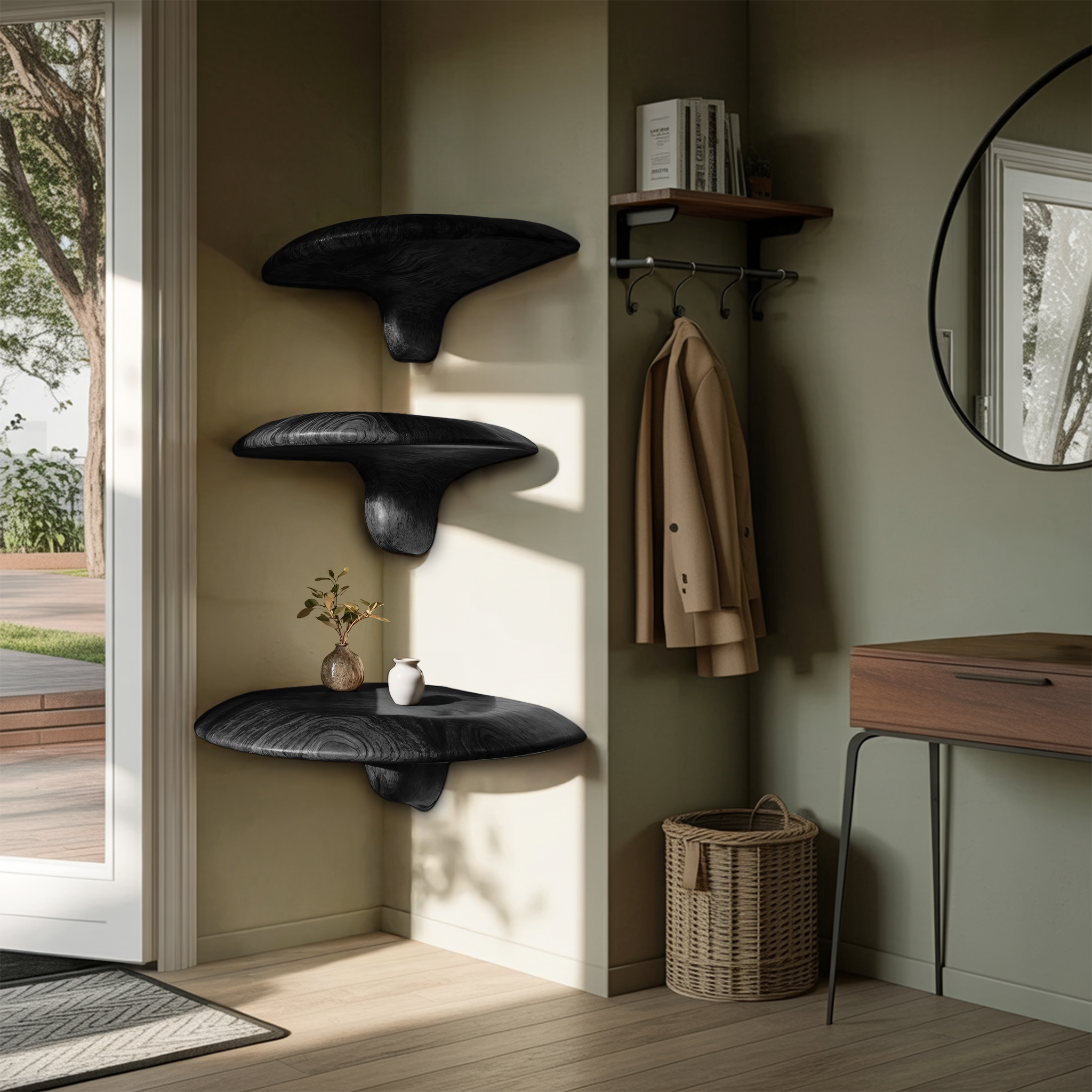 Mid Century Handcrafted Solid Wood Mushroom Shelf For Bedroom Decor