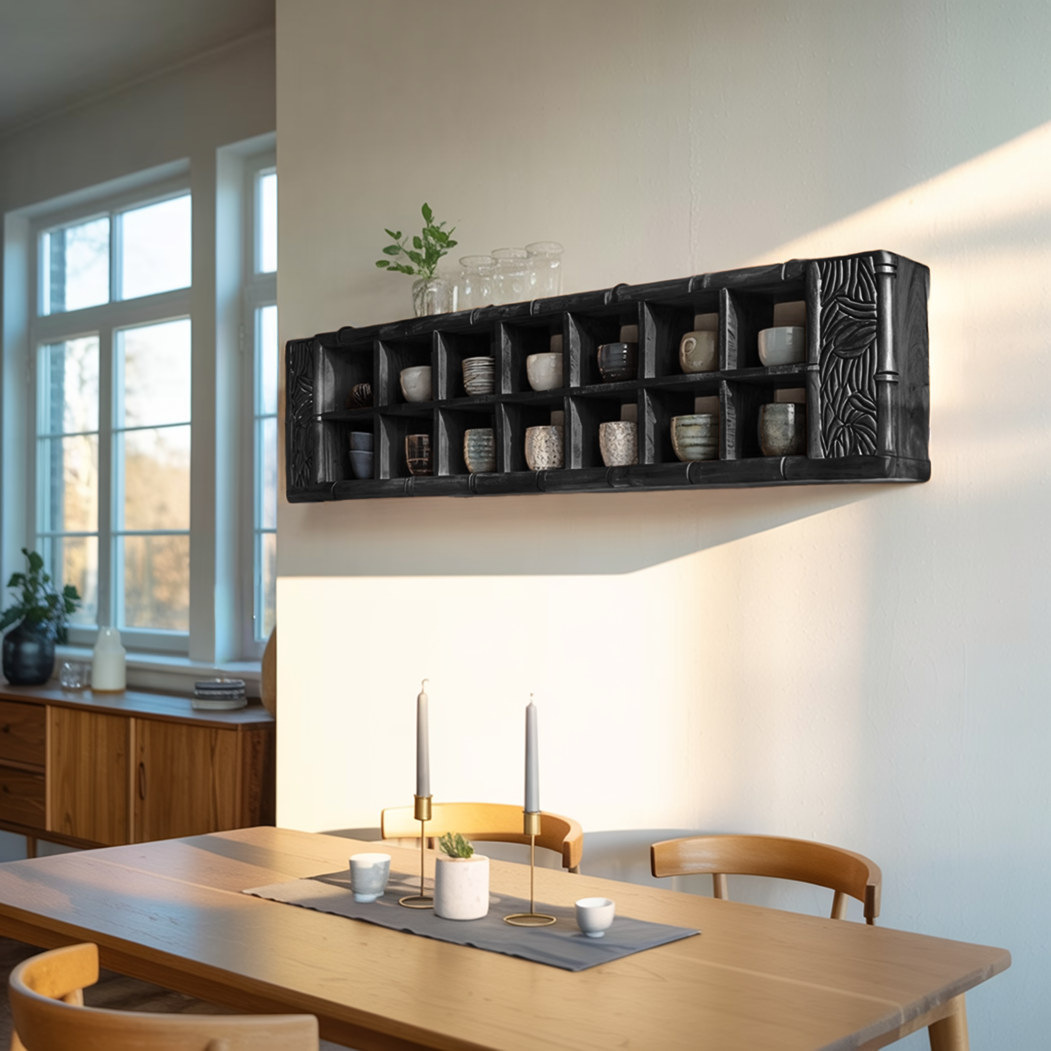 Minimalist Wooden Shelf With Hooks For Pantry Organization