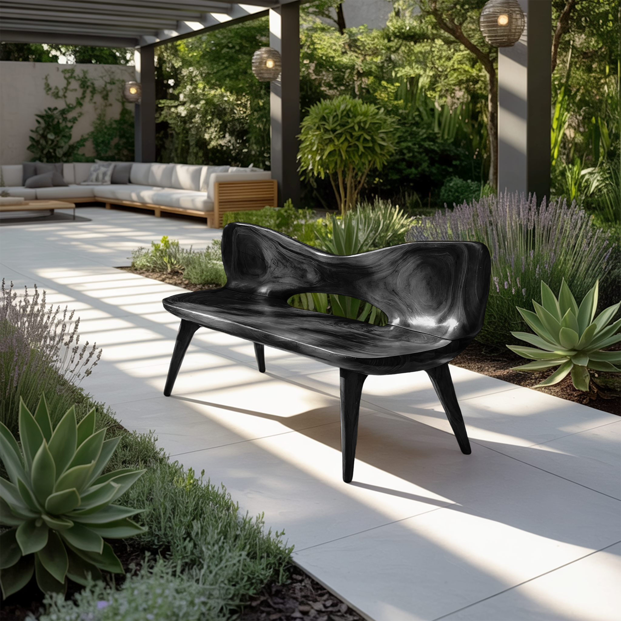 Mid Century Artistic Wooden Bench For Patio Setup
