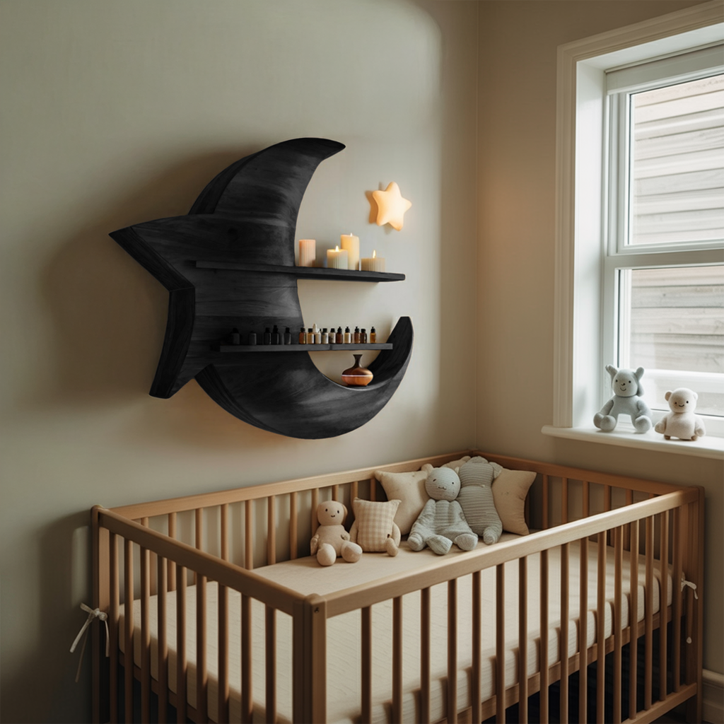 Handcrafted Moon And Star Wooden Shelf For Bedroom Decor