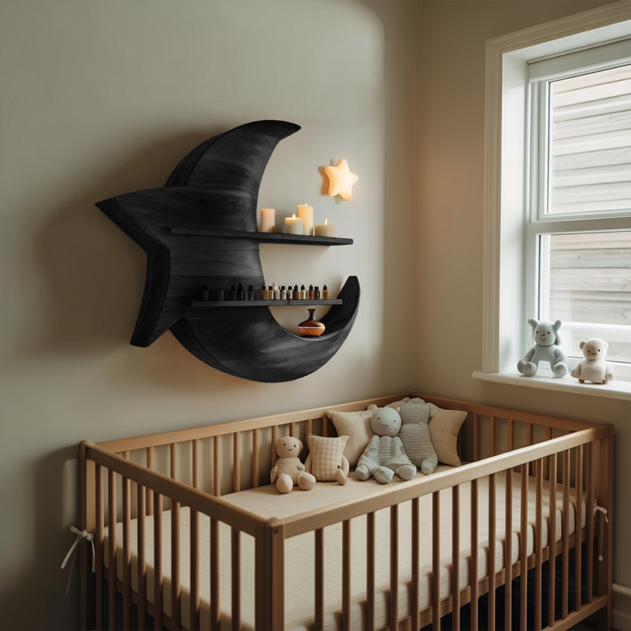 Handcrafted Moon And Star Wooden Shelf For Bedroom Decor