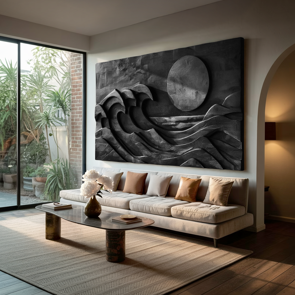 Modern Carved Wall Art Waves And Sun For Home Decor