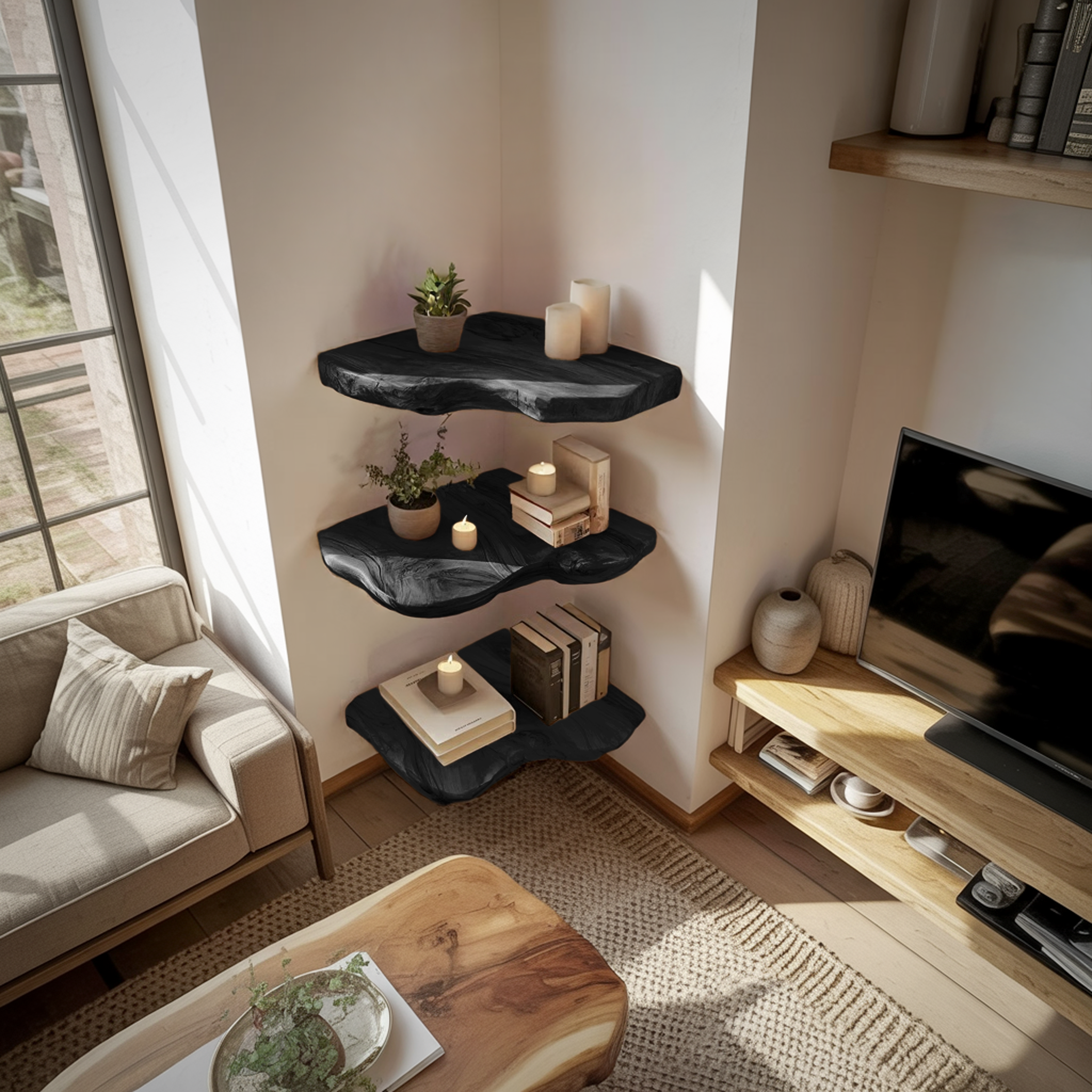 Modern Solid Wood Corner Shelf For Entryway Design And Display