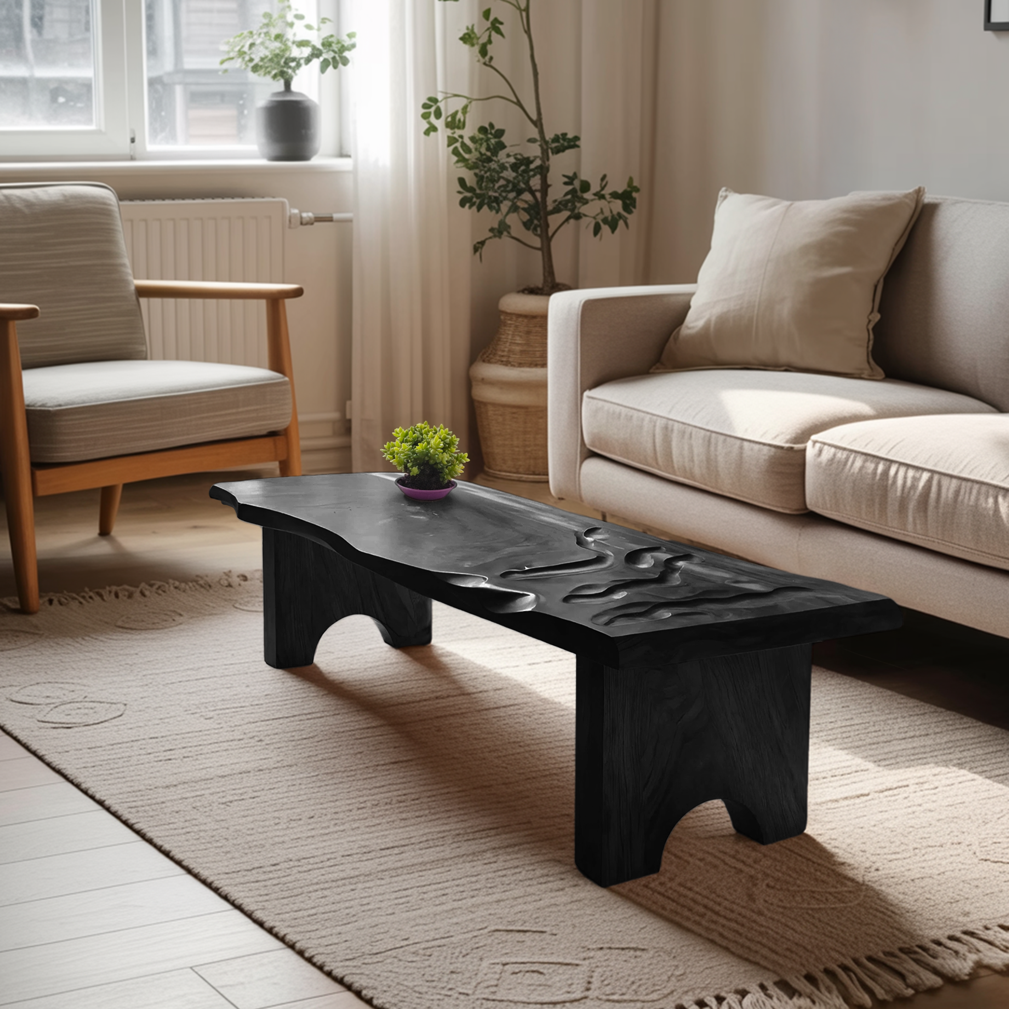 Mid Century Abstract Solid Wood Coffee Table For Entryway