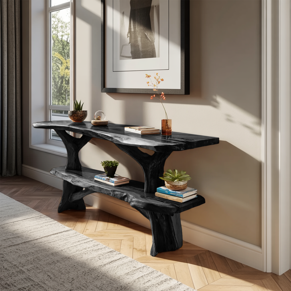 Mid Century Wooden Live Edge Console Table For Apartment Living Room
