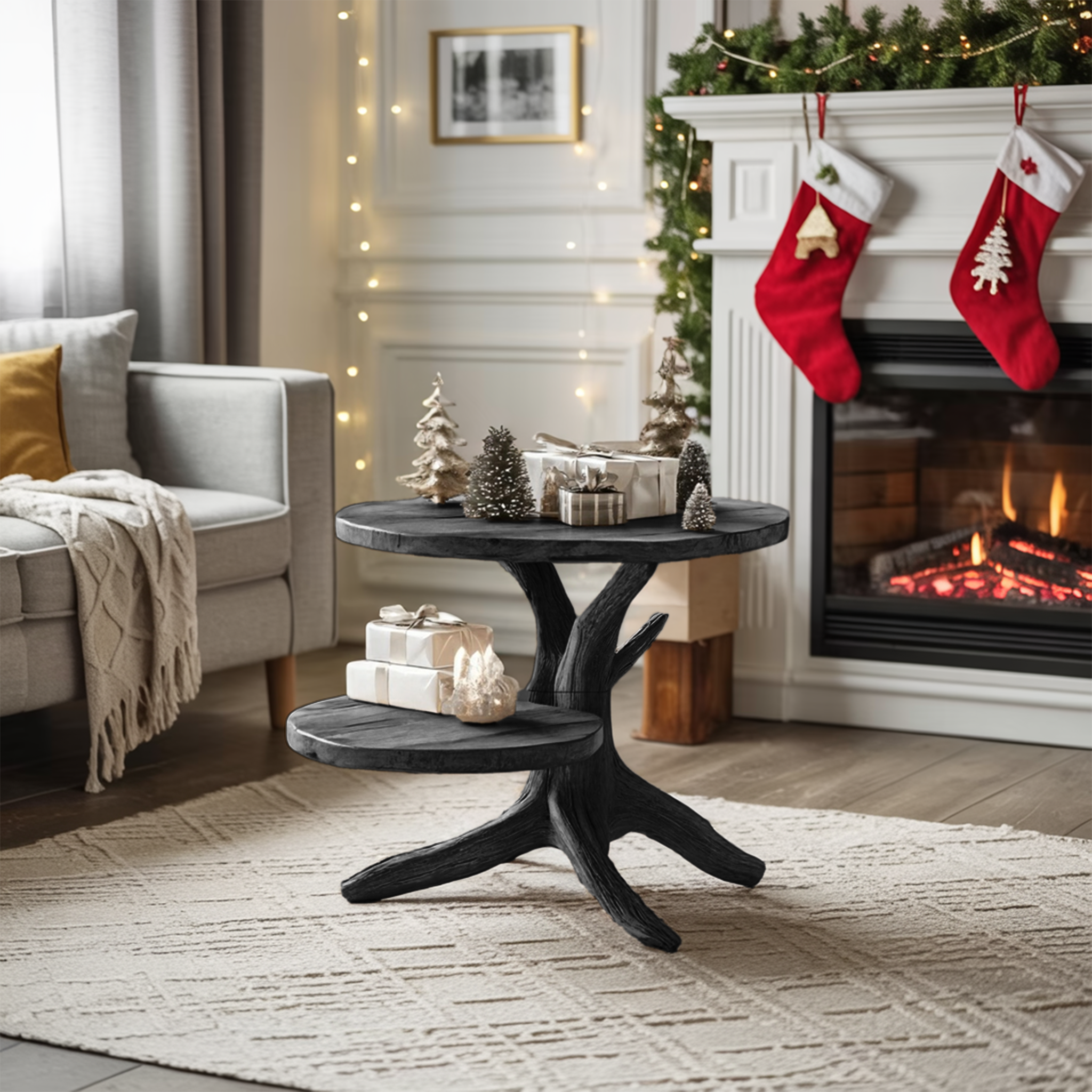 Handcrafted Wooden End Table For Living Room Christmas Accent Piece