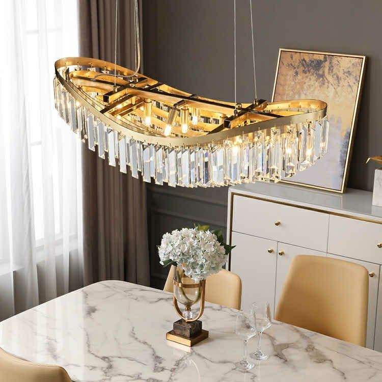 Boat Shaped LED Crystal Chandelier Oval Ceiling Light Fixture For Living/ Dining Room Table In Brass Finish - D31.5"*H13.4" / 12 LightsWarm Lightcasivra