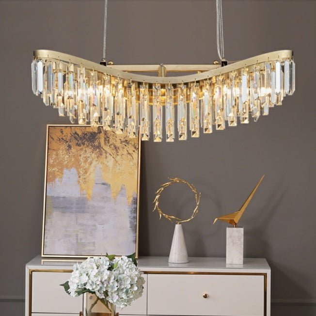 Boat Shaped LED Crystal Chandelier Oval Ceiling Light Fixture For Living/ Dining Room Table In Brass Finish - D31.5"*H13.4" / 12 LightsWarm Lightcasivra