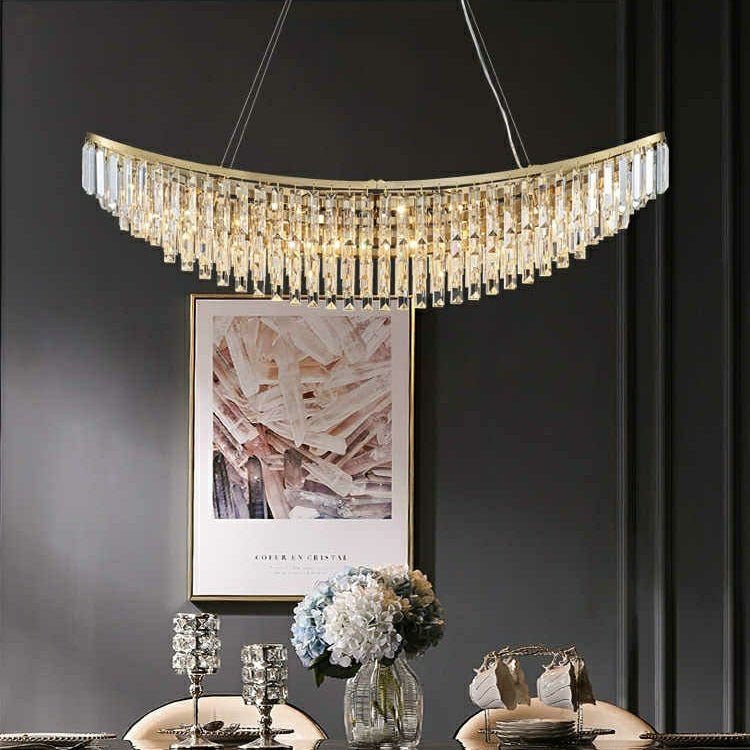 Boat Shaped LED Crystal Chandelier Oval Ceiling Light Fixture For Living/ Dining Room Table In Brass Finish - D31.5"*H13.4" / 12 LightsWarm Lightcasivra