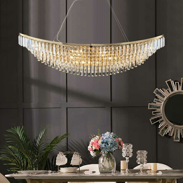 Boat Shaped LED Crystal Chandelier Oval Ceiling Light Fixture For Living/ Dining Room Table In Brass Finish - D31.5"*H13.4" / 12 LightsWarm Lightcasivra