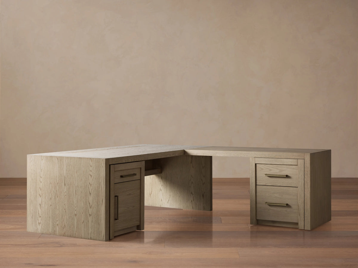 Bodhi Modular Desk with Return Desk in White Oak with Cord Management