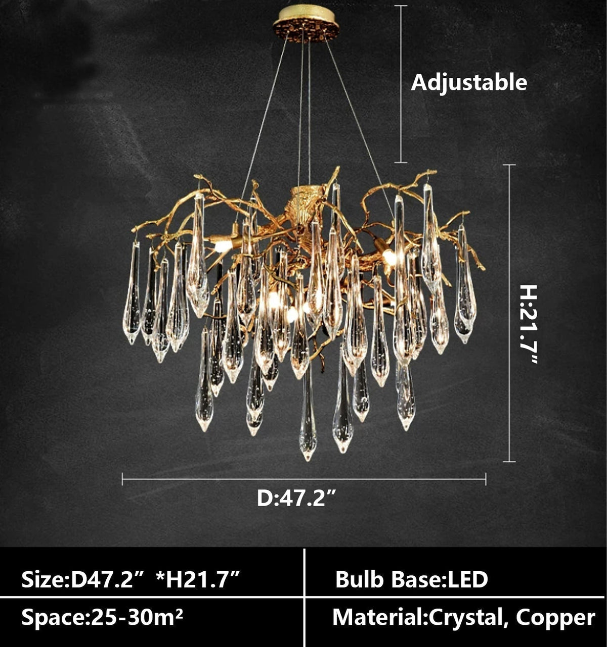Branch Crystal Drops Chandelier in French Style with Copper Gold Finish for Dining and Living Room Ceiling - Round D23.6"*H15.8"/29.5kgWarm Lightcasivra