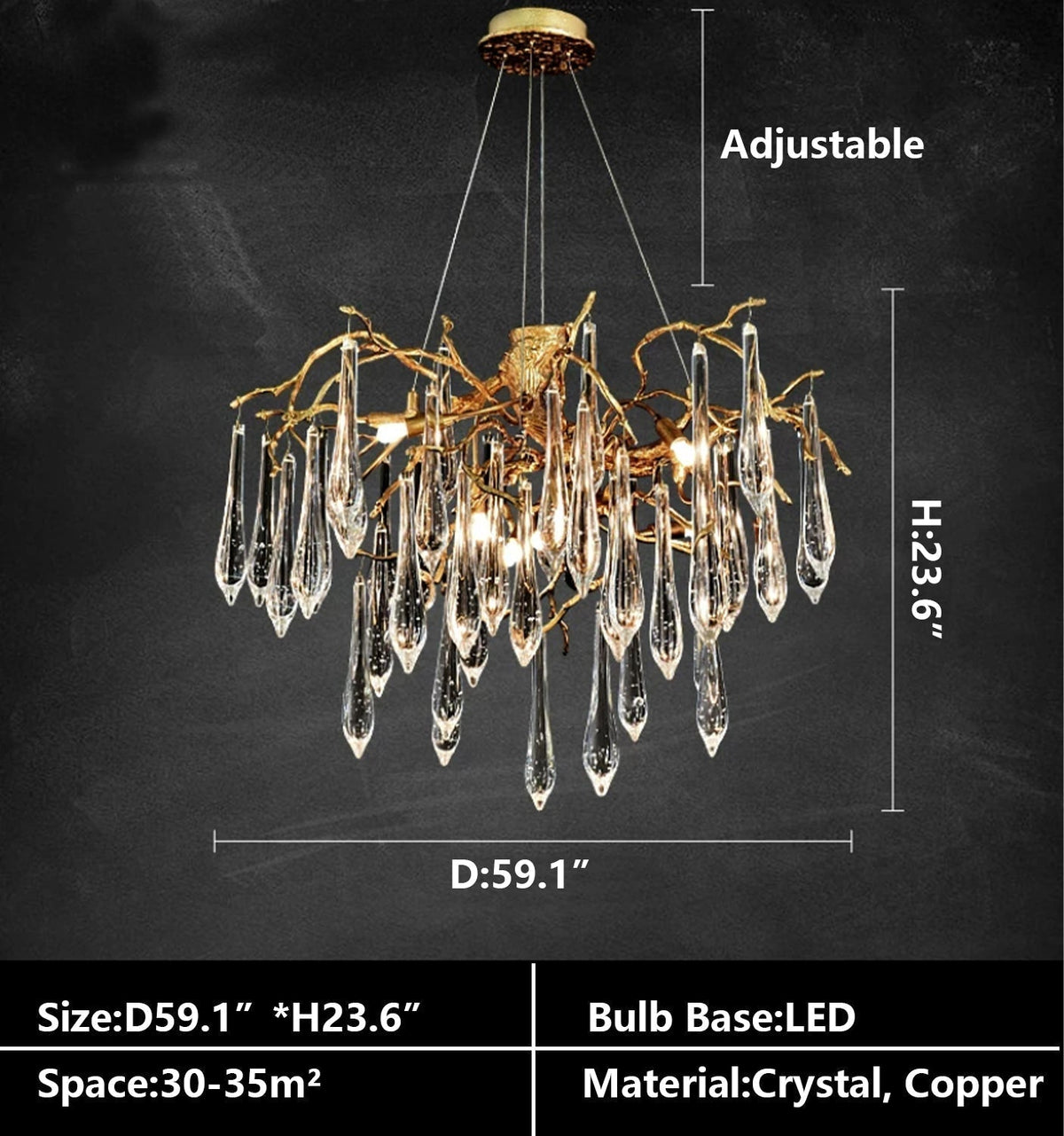 Branch Crystal Drops Chandelier in French Style with Copper Gold Finish for Dining and Living Room Ceiling - Round D23.6"*H15.8"/29.5kgWarm Lightcasivra