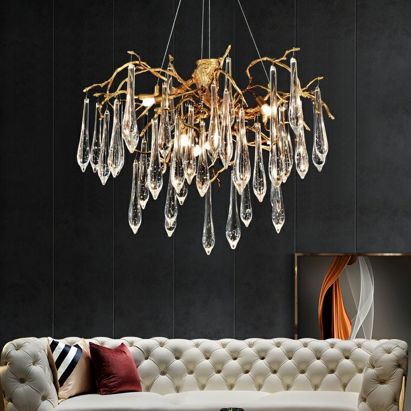 Branch Crystal Drops Chandelier in French Style with Copper Gold Finish for Dining and Living Room Ceiling - Round D23.6"*H15.8"/29.5kgWarm Lightcasivra