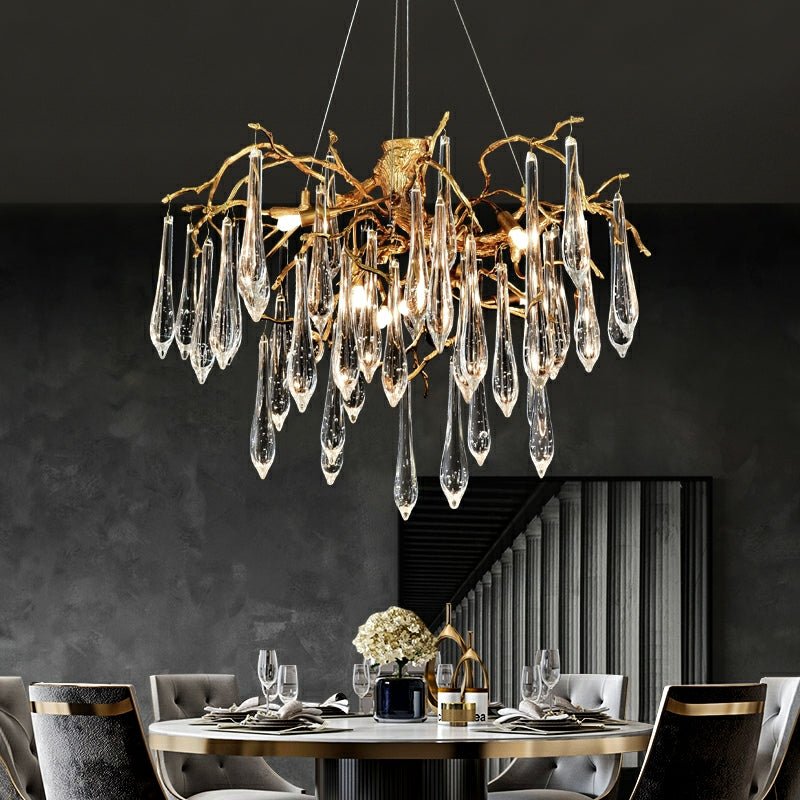 Branch Crystal Drops Chandelier in French Style with Copper Gold Finish for Dining and Living Room Ceiling - Round D23.6"*H15.8"/29.5kgWarm Lightcasivra