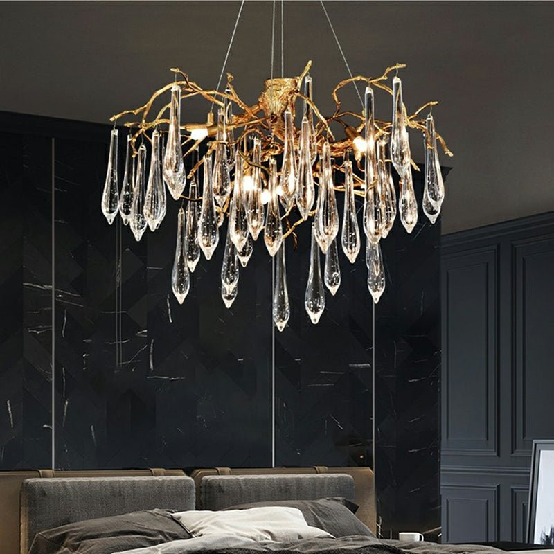 Branch Crystal Drops Chandelier in French Style with Copper Gold Finish for Dining and Living Room Ceiling - Round D23.6"*H15.8"/29.5kgWarm Lightcasivra