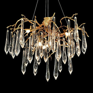 Branch Crystal Drops Chandelier in French Style with Copper Gold Finish for Dining and Living Room Ceiling - Round D23.6"*H15.8"/29.5kgWarm Lightcasivra