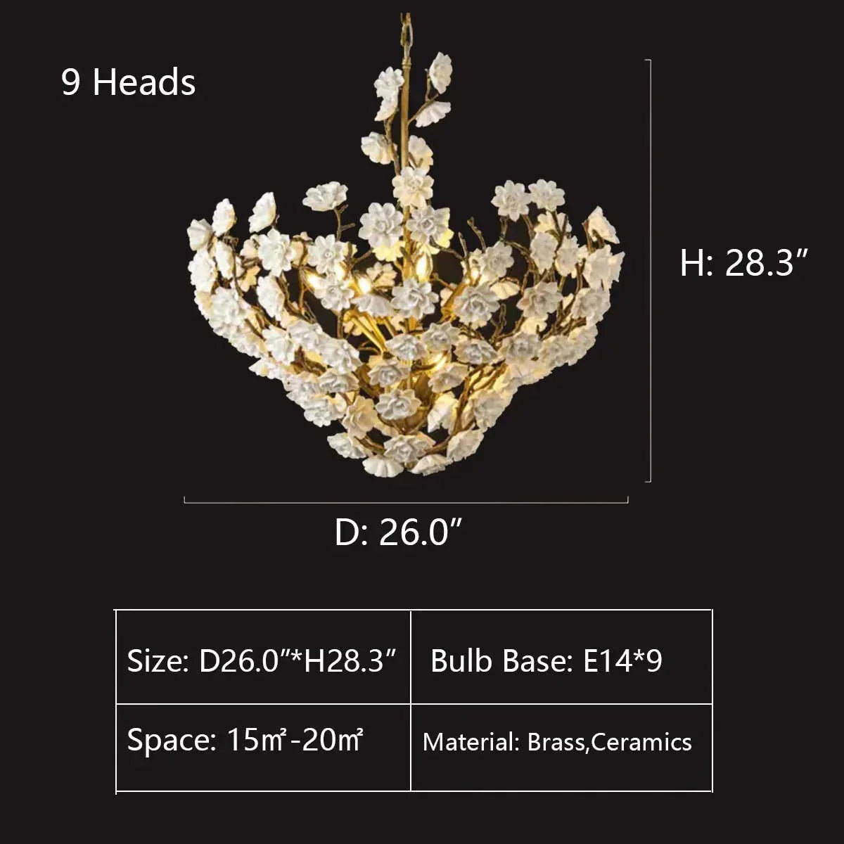 Brass and Ceramic Flower Art Chandelier Post Modern Light Luxury Style for Living and Dining Areas - 9 Lights: D26.0"*H28.3"Warm Lightcasivra
